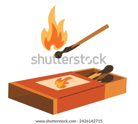 Safety matches. Burning Match Stick and matchbox. Vector hand draw illustration isolated on the white background Royalty-Free Stock Photo #2426142715