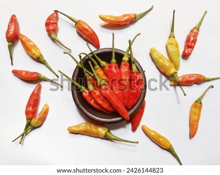 Capsicum frutescens is in earthenware isolated on white background. flat lay photography