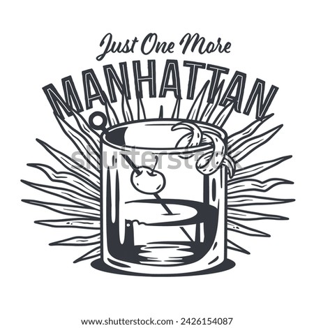 Monochrome manhattan cocktail, old fashioned with whiskey, vermouth and cherry for design of bar menu. Alcohol cocktail for drink party or tee print. Royalty-Free Stock Photo #2426154087