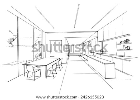 Drawing exterior and interior architectural lines. , Graphic assembly in architecture and interior design work. ,Sketch ideas for interior or exterior designs. Royalty-Free Stock Photo #2426155023
