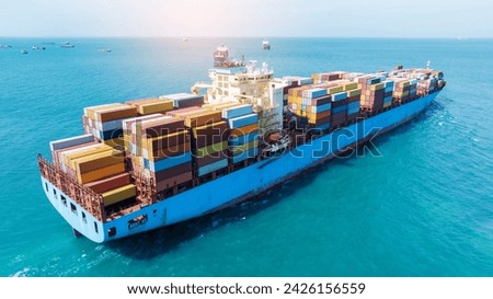 Stern of large cargo ship import export container box on the ocean sea on blue sky back ground concept transportation logistic and service to customer and supply change, webinar banner