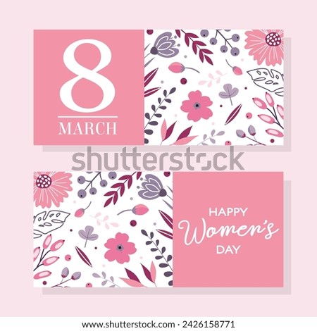 Set of bright cards for March 8 and International Womens Day with floral design.