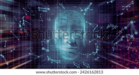 Image of AI or artificial intelligence information and technology deputised by a computer generated face amongst abstract moving lines and points.