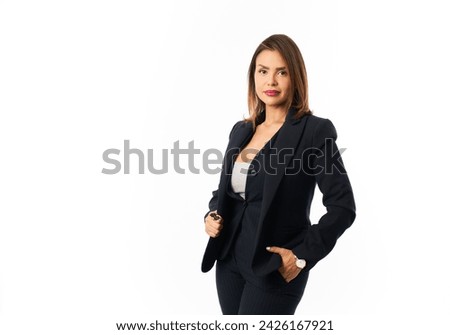 Young Latina young woman, professional businesswoman standing in office clothes, smiling and looking confident, white background