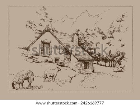 Green grass field on small hills. Meadow, alkali, lye, grassland, pommel, lea, pasturage, farm. Rural scenery landscape panorama of countryside pastures. Vector sketch illustration
 Royalty-Free Stock Photo #2426169777