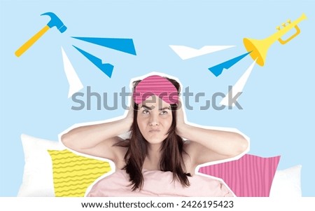 Composite collage image woman can't sleep, stress, insomnia, neighbors are noisy, music is loud, renovations are being done creative illustration photo Noisy neighbours Royalty-Free Stock Photo #2426195423