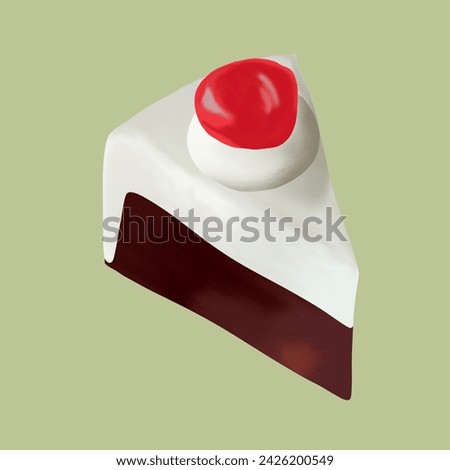 Slice of  Chocolate cake with cherry on green background. Fruit cake clip art