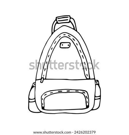 Doodle illustration with small hiking backpack. School backpack. Camping equipment. Monochrome doodle style elements isolated on white background. Hand drawn sketch.