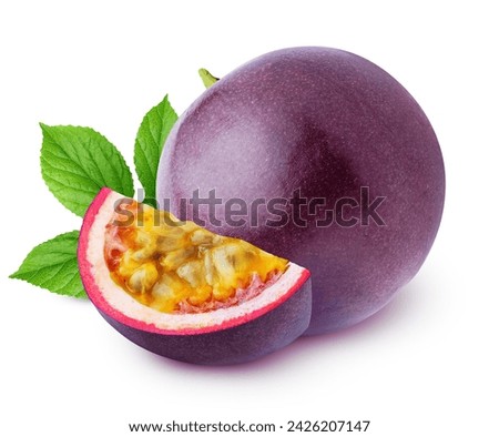 Isolated passionfruit. Whole and a piece of passion fruits (maracuya) with leaves isolated on white background Royalty-Free Stock Photo #2426207147