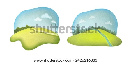 Watercolor cute landscape composition with green spring, summer lawn, meadow, sky, forest, path. Clear sunny day clip art, cut out illustrations set on white background. nice posters collection