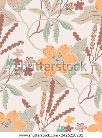 art textile design, abstract flowers leaves branch effect botanic pattern allover repeats seamless pastel color ,fabric wrapper print ,spring summer Royalty-Free Stock Photo #2426220281