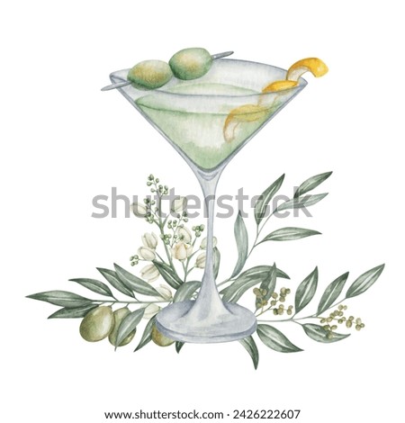 Watercolor illustration. Hand painted dry martini cocktail in martini glass with green olives, lemon peel. Olive fruits, flowers, branches. Dirty martini. Alcohol drink. Isolated clip art composition