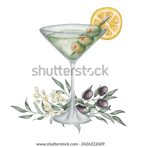 Watercolor illustration. Hand painted dry martini cocktail in martini glass with green olives, lemon slice. Black olive fruits, flowers, branches. Dirty martini. Alcohol drink. Isolated clip art