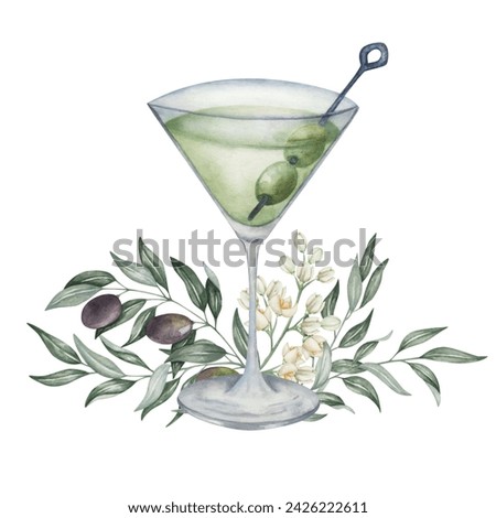 Watercolor illustration. Hand painted dry martini cocktail in martini glass with green olives on cocktail pick. Black olive fruits, flowers, branches. Dirty martini. Alcohol drink. Isolated clip art