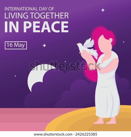 illustration vector graphic of a woman released doves on the edge of the lake, showing star in the sky, perfect for international day, living together in peace, celebrate, greeting card, etc.