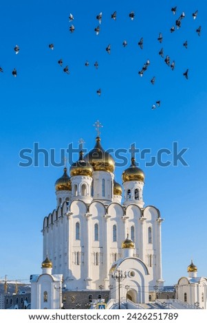 Holy Trinity Cathedral, Magadan city, Magadan region, Russia. A large beautiful Orthodox church with golden domes. A flock of doves flies across the blue sky above the temple. Architectural landmark. Royalty-Free Stock Photo #2426251789