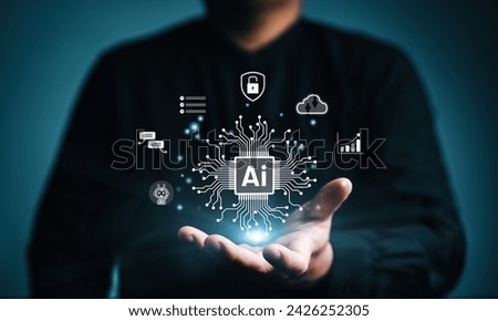 AI-powered, businessman show virtual graphic global internet connect AI, Artificial Intelligence. Using command prompt to generate something, Futuristic technology transformation. Chatbot chat A.I.