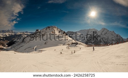 View of a ski slopes around Sela mountain, Selaronda, Dolomites, Italy Royalty-Free Stock Photo #2426258725