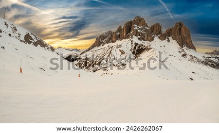 View of a ski slopes around Sela mountain, Selaronda, Dolomites, Italy Royalty-Free Stock Photo #2426262067