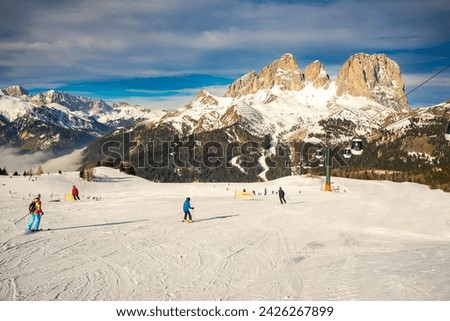 View of a ski resort around Sela mountain, Selaronda, Dolomites, Italy Royalty-Free Stock Photo #2426267899