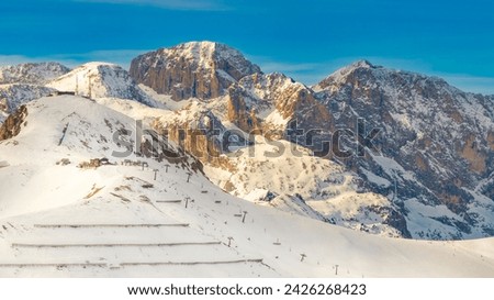 View of a ski resort around Sela mountain, Selaronda, Dolomites, Italy Royalty-Free Stock Photo #2426268423