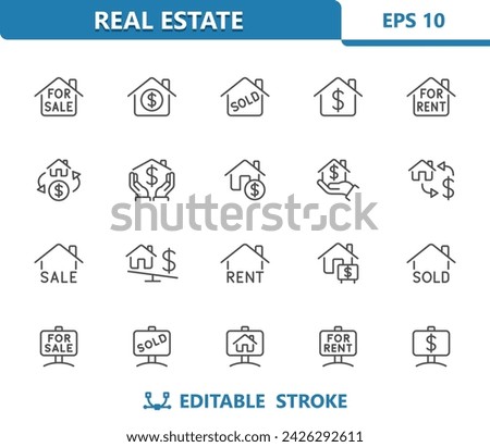 Real Estate Icons. Real Estate Signs, For Sale, For Rent, Sold, House, Home. Professional, 32x32 pixel perfect vector icon. Editable Stroke