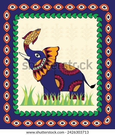 Whimsical Charm, Elephant and Fish in Madhubani Art, Elephant and Fish Motif, Colorful Ethnic Painting, Nature-inspired Madhubani Design.