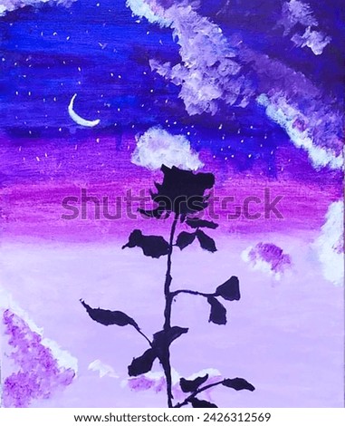 Drawing of a black rose on the background of a blue purple sky. Contemporary art. Artist