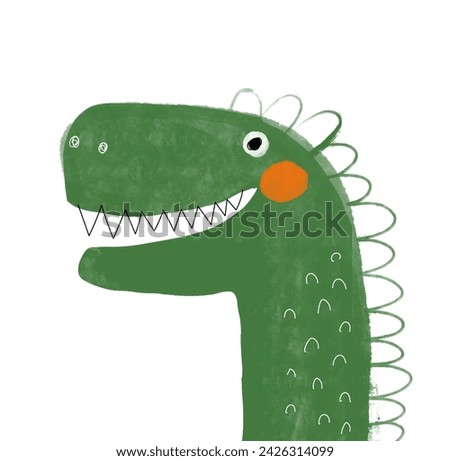 Funny Dinosaur Portrait. Lovely Nursery Vector Art with Dino. Cute Hand Drawn Green Dragon on a White Background. Childish Drawing-like Print of Monster Ideal for Wall Art, Kids' Room Decoration. RGB.