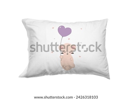 Soft pillow with printed cute mouse and hearts isolated on white