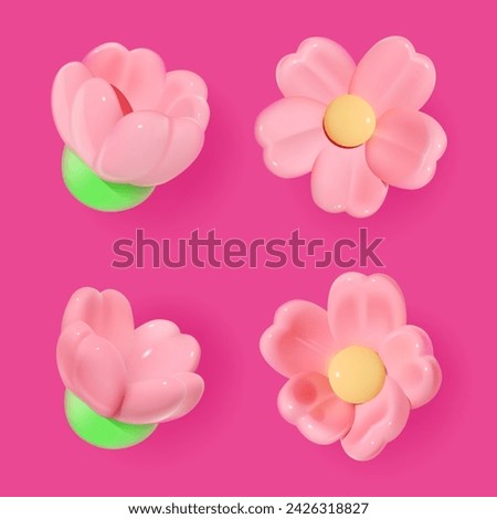 A collection of glossy 3D pink flowers on a vibrant pink background. Vector set of blossoms.