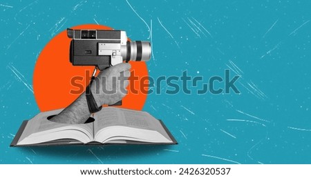 Art collage, retro camera in hands of man from paper book with space for advertisement on blue background. The concept of making a movie based on a book.