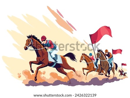 Jockeys riding racehorses on a fast speed, flat style vector illustration. Horse racing tournament