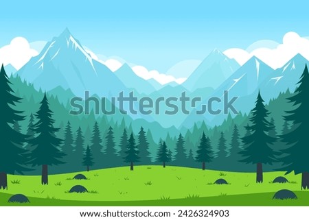 Beautiful forest clearing against the backdrop of high mountains. Landscape of green grass in the forest, mountains with peaks covered with snow, white clouds and blue sky. Nature vector illustration. Royalty-Free Stock Photo #2426324903