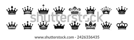 Crown icons set. Simple, black silhouettes of a royal crowns. Vector illustration isolated on white background. Ideal for logos, emblems, insignia. Can be used in branding, web design. 