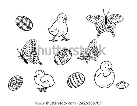 Outline hand drawn doodle set with chicks and easter eggs. Spring or easter concept. Contour sketchy birds, eggs and butterflies on white background. Ideal for coloring pages, tattoo, pattern
