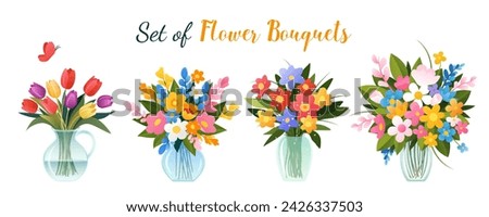 Set of bouquets in vases with spring and summer flowers. isolated vector illustrations on white for birthday invitation, Women's Day, Mother's Day, wedding card and etc. Floral design. Clip-art.