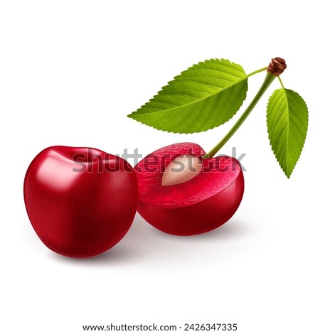 Ripe red sweet cherries with smooth skin, green leaves, juicy light red flesh, and small pits Royalty-Free Stock Photo #2426347335