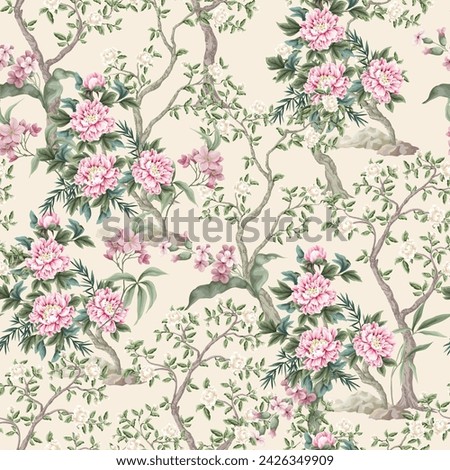 Chinoiserie seamless pattern with peonies trees and flowers. Vector