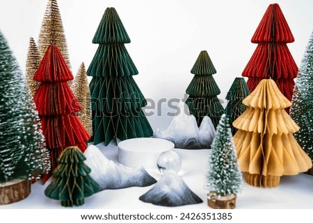Christmas-themed desktop photo zone on a white background, side view