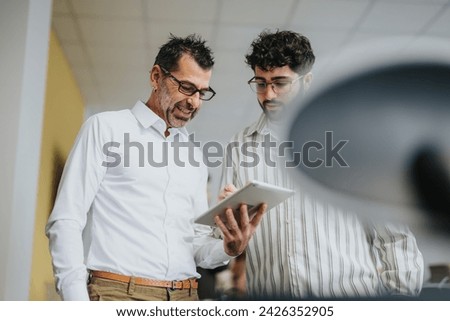 Multi generational colleagues discussing financial planning and analyzing market trends in a pleasant office. A confident start-up team working together to plan new projects. Royalty-Free Stock Photo #2426352905