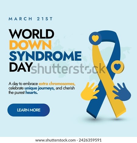 World down syndrome day. 21 march World down syndrome day celebration banner with a ribbon and hand prints in blue and yellow colours. A day to celebrate extra chromosomes and end the stereotypes.  Royalty-Free Stock Photo #2426359591