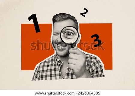 Collage image of cheerful black white effect guy hold magnifier lens glass eye look interested count numbers isolated on beige background