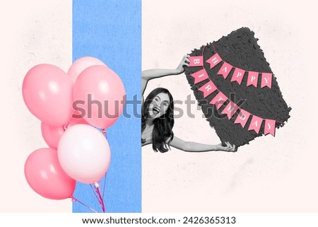Collage creative poster monochrome effect excited cheerful young lady happy birthday party balloon hold gift white background