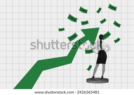 Artwork collage image of mini black white effect girl stand money coin growing arrow upwards flying banknotes isolated on checkered background