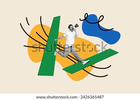 Horizontal abstract composite photo collage picture of energetic male activist scream into megaphone proclaim information about discount Royalty-Free Stock Photo #2426365487