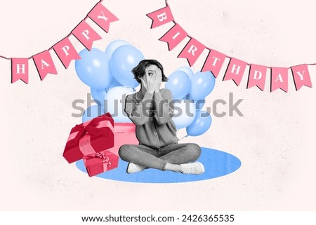 Collage creative poster black white effect charm cheerful young lady hide eyes open presents happy birthday surprise exclusive banner