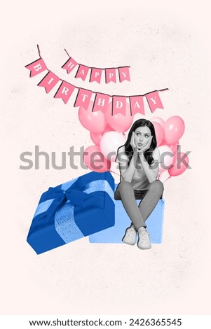 Vertical collage creative poster black white effect thoughtful sad young lady sit inside box happy birthday party exclusive template