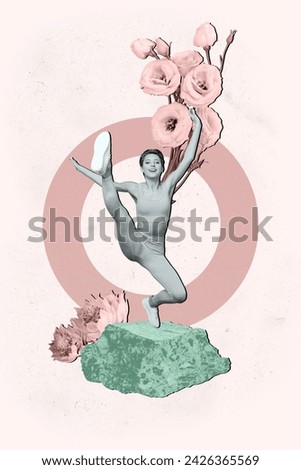Vertical creative art picture collage photo of young sportive woman jumping with raised leg training on nature rose flowers health