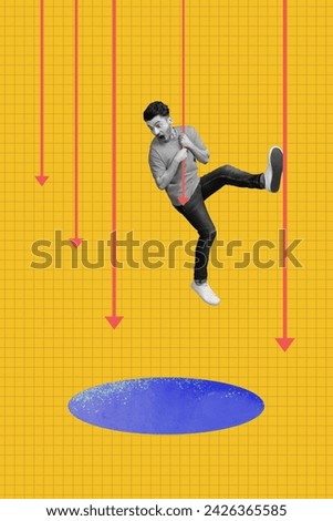 Collage picture sketch of sad crazy afraid scared man hanging arrow falling down huge hole isolated on drawing yellow background
